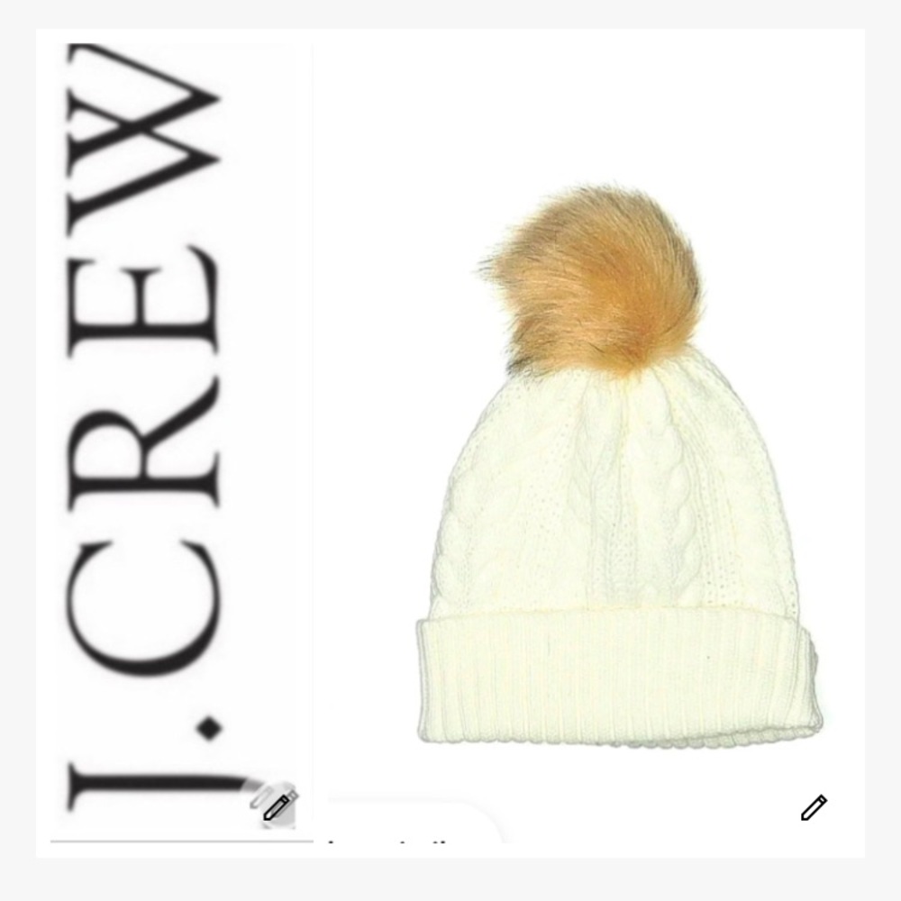 J.Crew Ivory Cable Knit Hat with Brown Pom